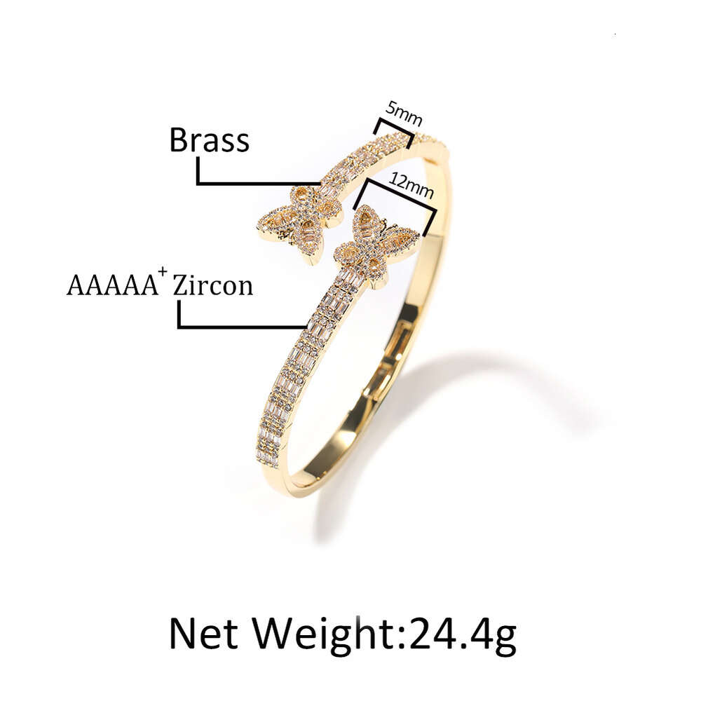 Aesthetic Street Gold Butterfly Bangle Bracelet Open Cuff For Women Hip Hop Copper Prong Iced Out Cubic Zirconia Full Bling Diamond Rapper Cz Stone Je