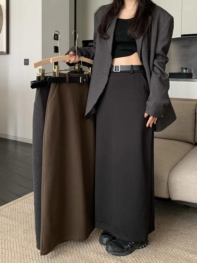 Skirts HOUZHOU Woolen Long Skirt Women 2024 Autumn Winter Korean Fashion Elegant High Waist Back Split Straight Maxi Office Lady