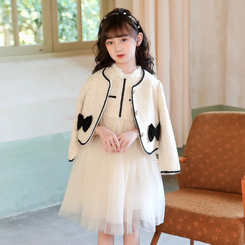 Two Piece Elegant Outfit Girls Tweed Jacket With Kids Princess Dress Set Long Sleeve Blazer Spring Autumn Children Costume TZ191 240227