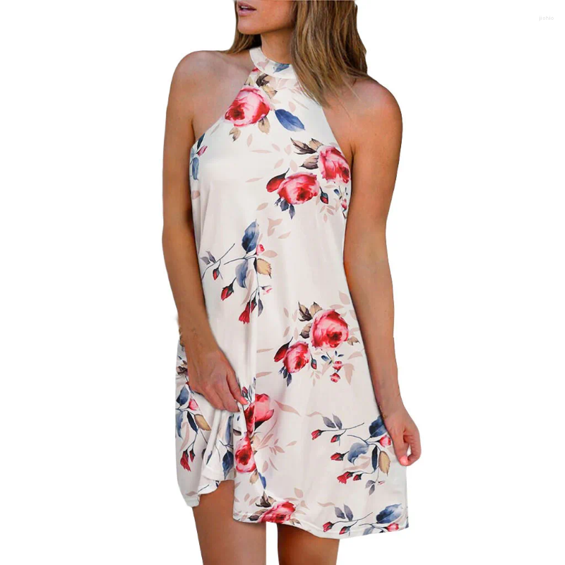 Casual Dresses Women Summer Flower Print Sleeveless Sundress Blackless Mini Dress Swing Shirt