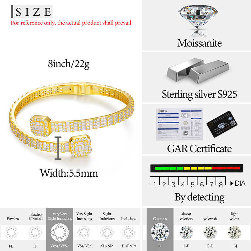 Pass Dia Tester 16.15ct 5.5mm Sterling Sier Baguette VVS Moissanite Iced Out Cuff Bangle Bracelet For Men Women