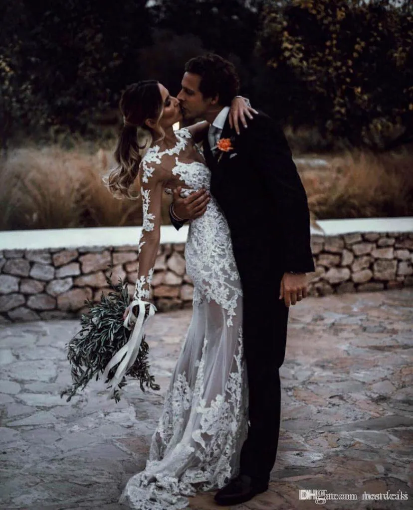 Sexy Sheer Bohemian Wedding Dresses Sheath Long Sleeves Lace Appliqued Backless Beach Boho Bridal Gowns BC 6660306