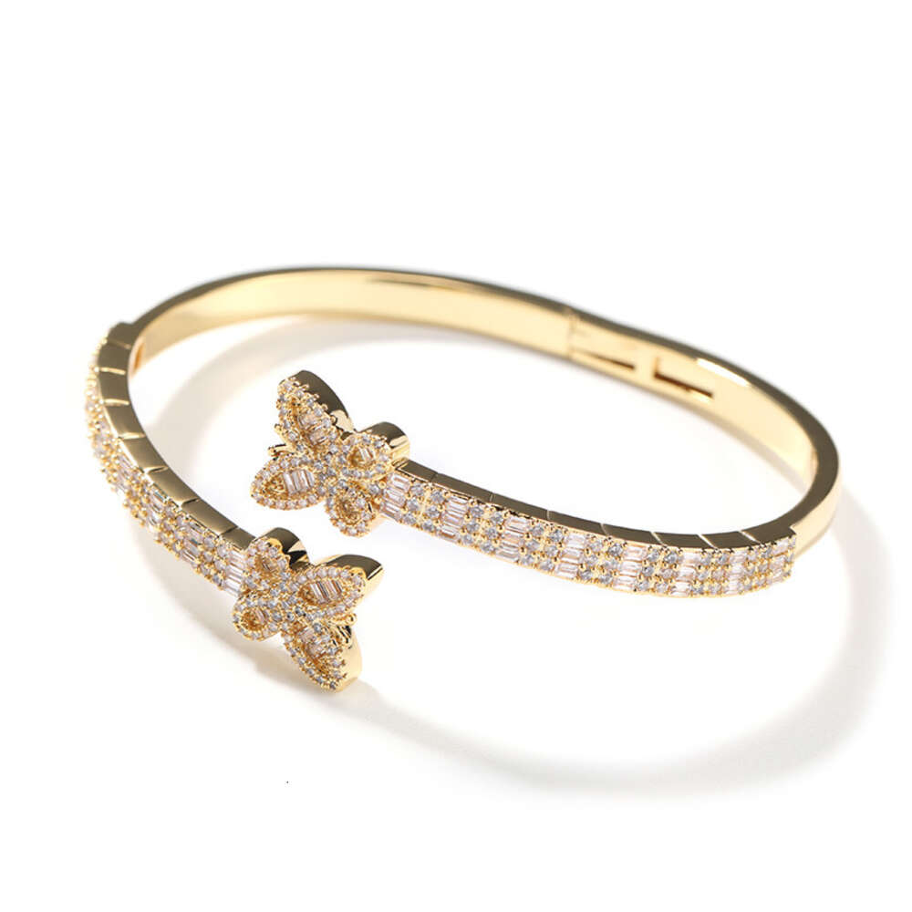 Aesthetic Street Gold Butterfly Bangle Bracelet Open Cuff For Women Hip Hop Copper Prong Iced Out Cubic Zirconia Full Bling Diamond Rapper Cz Stone Je