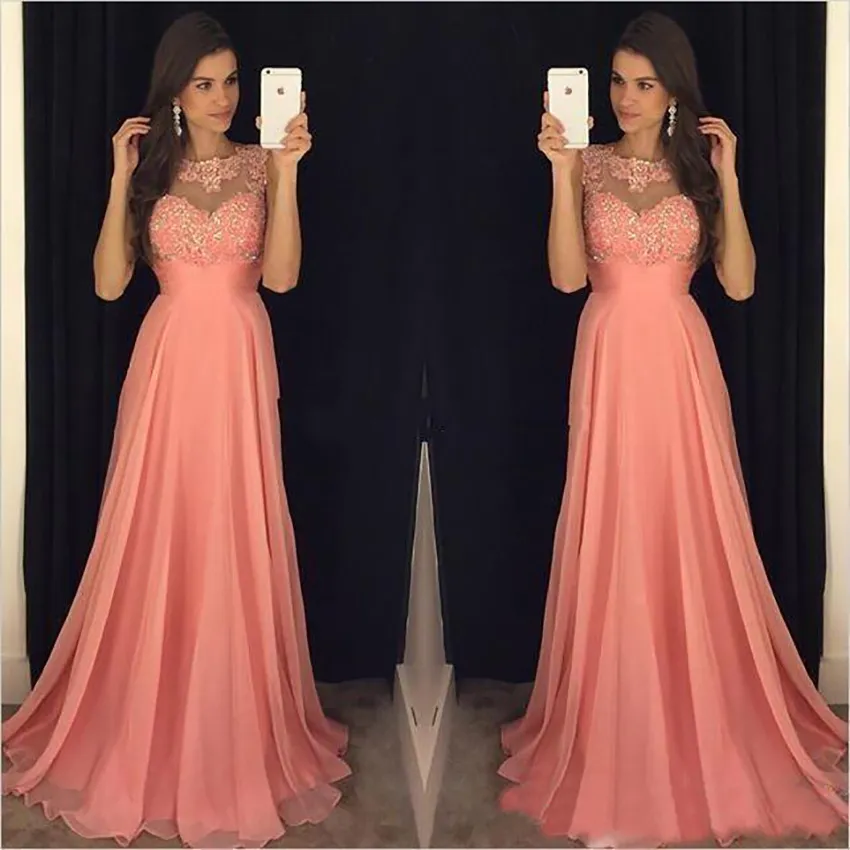 Plus Size Coral Pink A Line Bridesmaid Dresses Chiffon Jewel Neck Lace Appliques Beaded Floor Length Maid of Honor Bridal Party Gowns