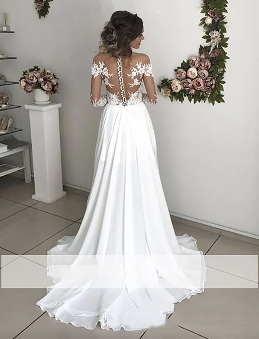 Exquisite Lace Chiffon A-e Wedding Dresses 2024 Sheer Neck Long Sleeves Side Split Sweep Train Back Cover Buttons Country Bridal Gowns