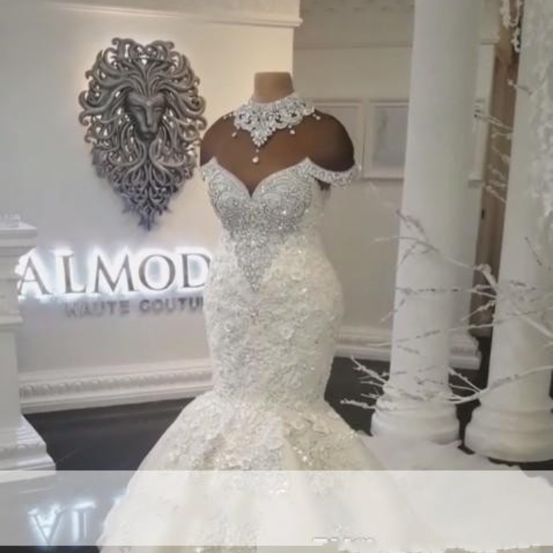 New Designer Dubai Arabic Mermaid Dresses Plus Size Beading Crystals Court Train Wedding Dress Bridal Gowns Custom