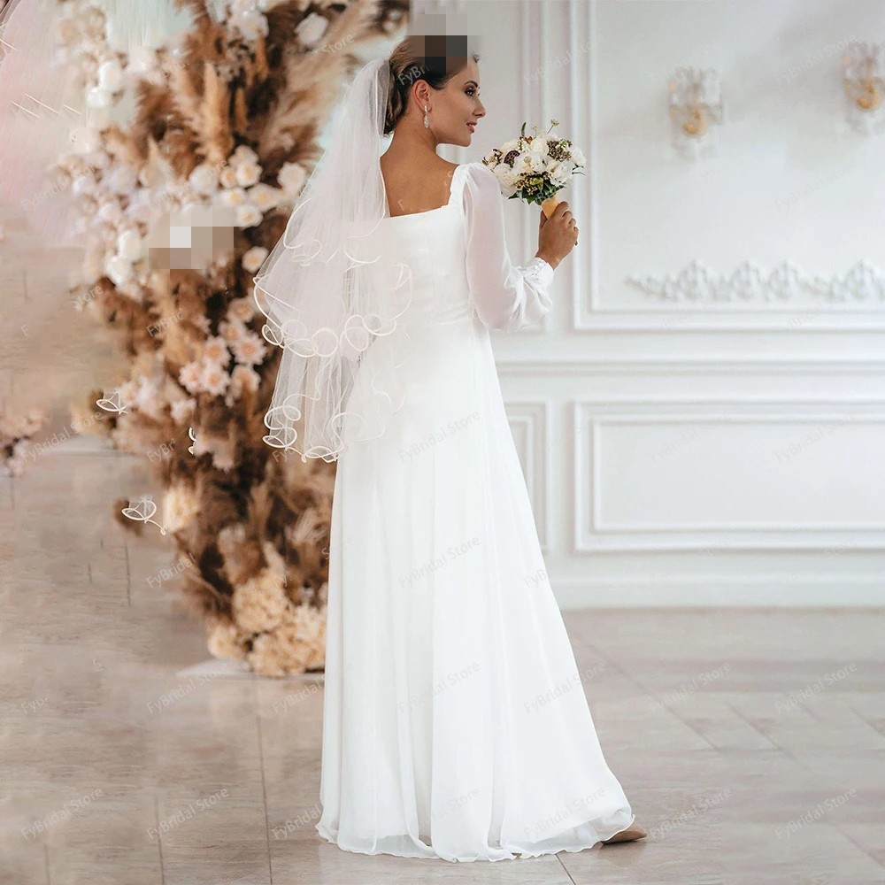 New Simple Wedding Dress 2024 A Line Square Collar Long Sleeve Floor Length Beach Bridal Gowns Eleagnt Vestidos De Novia Civil