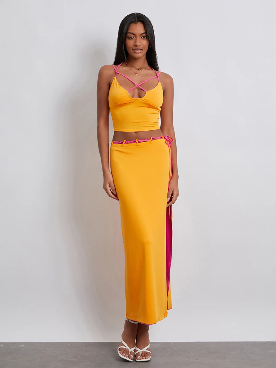 Womens Two Piece Summer Outfits Sleeveless Spaghetti Strap Halter Tops and Long Skirt Set Beachwear 240315Z