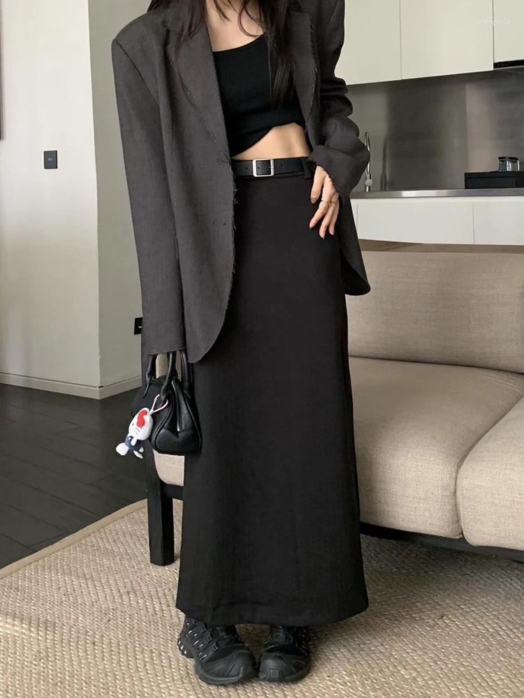 Skirts HOUZHOU Woolen Long Skirt Women 2024 Autumn Winter Korean Fashion Elegant High Waist Back Split Straight Maxi Office Lady