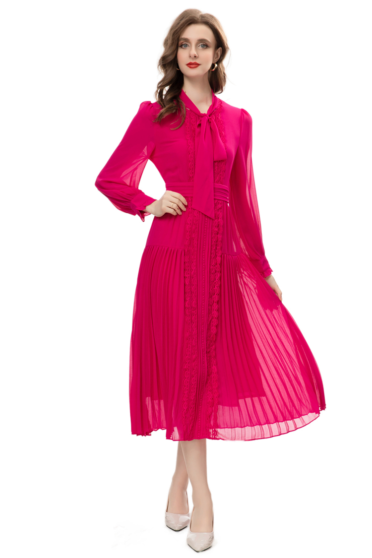 Women's Runway Dresses Bow Collar Long Sleeves Embroidery Lace Patchwork Pleated Elegant Mid Vestidos