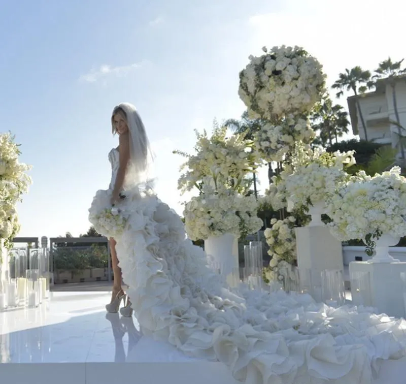 Sexy Mini Ball Gown Prom Dress Luxury High Low Dress Sweetheart Tiers Ruffles Pleat Sweep Tail Long Bridal Gown Custom Made Plus Size