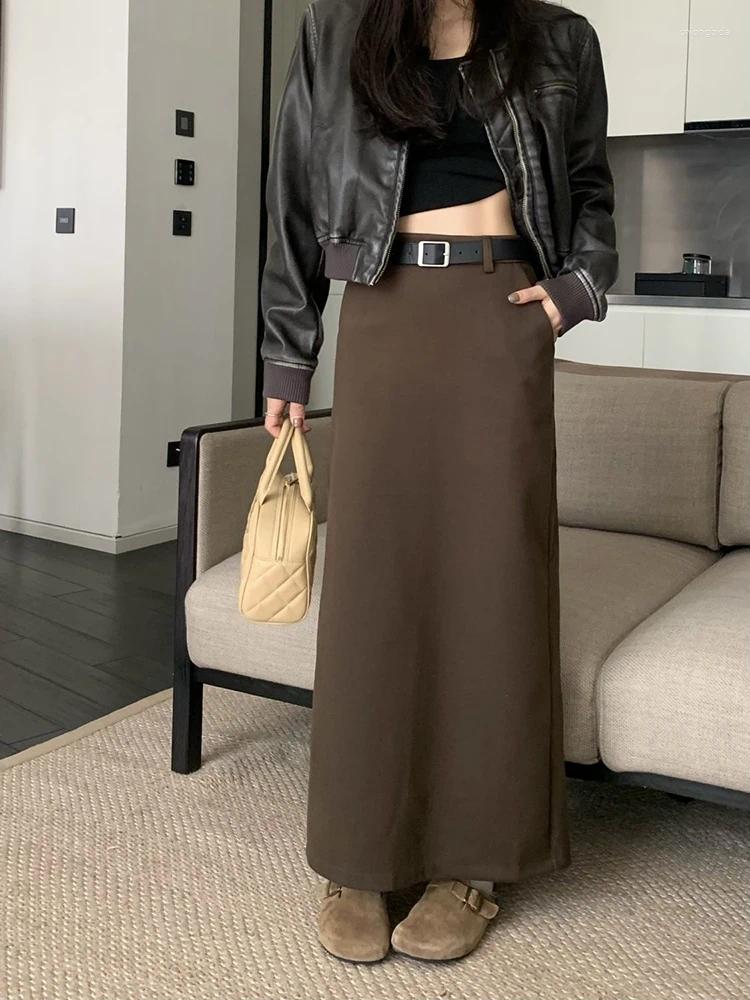 Skirts HOUZHOU Woolen Long Skirt Women 2024 Autumn Winter Korean Fashion Elegant High Waist Back Split Straight Maxi Office Lady