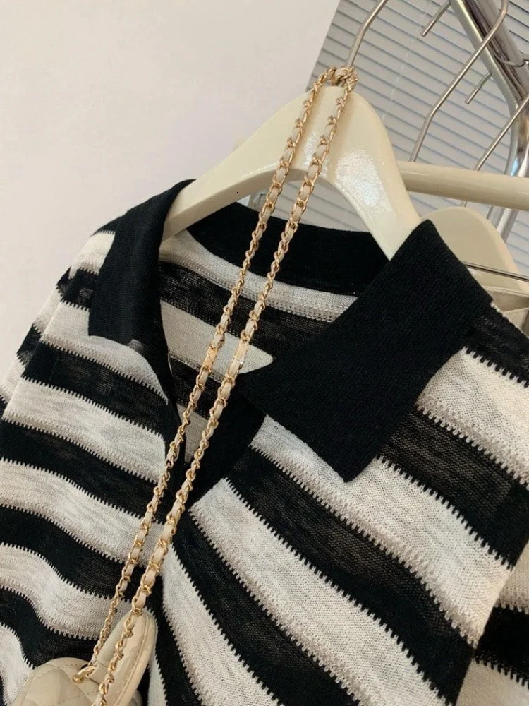 Striped Knitted Tshirt Simple Summer Half Sleeve Ladies Tops Allmatch Basic Korean Style Elegant Casual Tees Aesthetic 240228