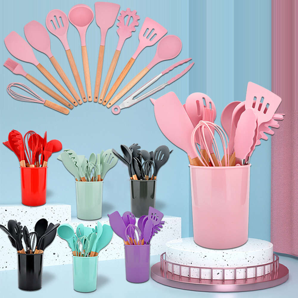 Reusable Adaptive Cooking Skimmer Wooden Tools Soft Non-stick Accessories 12 Pcs Silicone Kitchen Utensil Set for Baking Camping