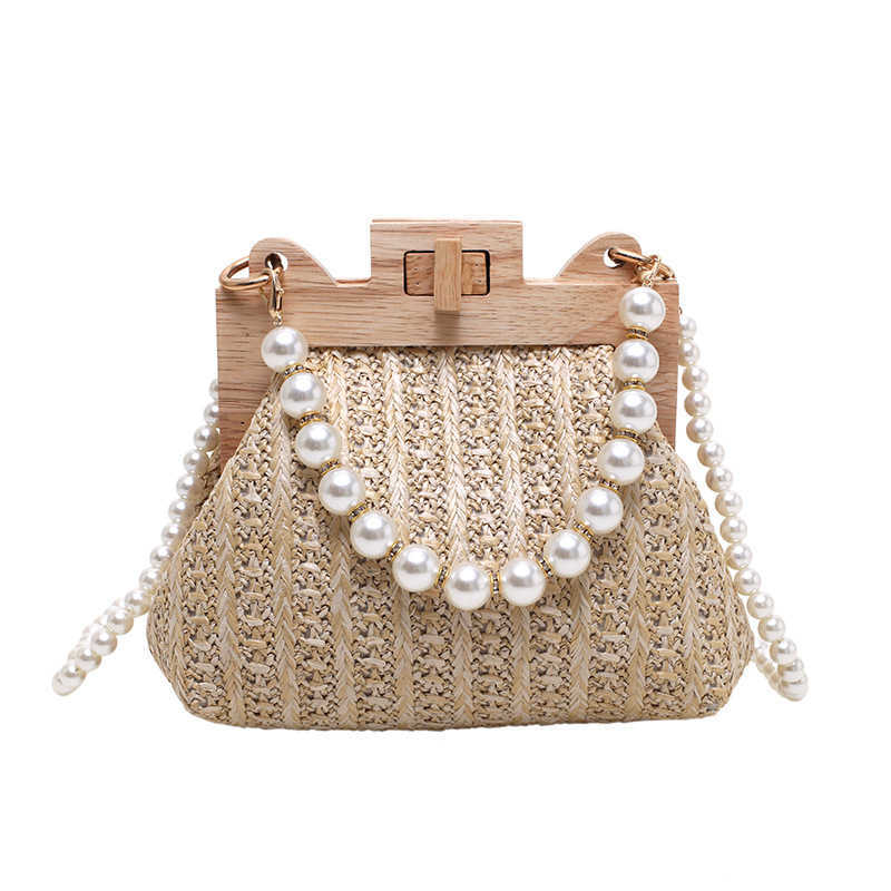 Women s Grass Woven Bag Beach Simple and Sweet Handbag 2024 New Pearl Chain Shoulder 240312