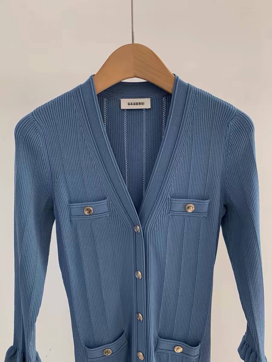 2024 -Spring/Summer New San ro French V-neck blue fishtail long dress summer 3/4 sleeve slimming dress