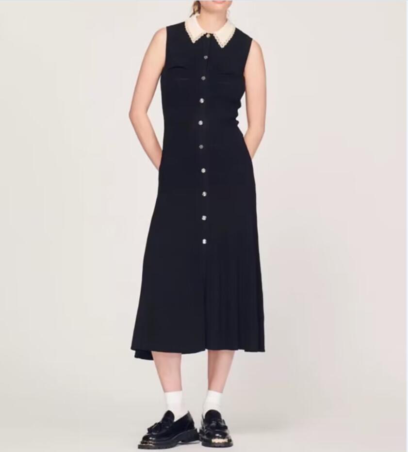 2024 Early Autumn New San ro Lace Contrast Short sleeved Dress Knitted Dress