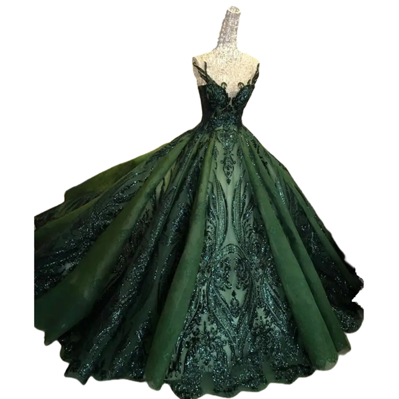 Sparkly Dark Green Sequin Quinceanera Dresses Sheer Short Sleeve Jewel Neck Ball Gown Prom Party Wear Girls Sweet 15 Years Dress