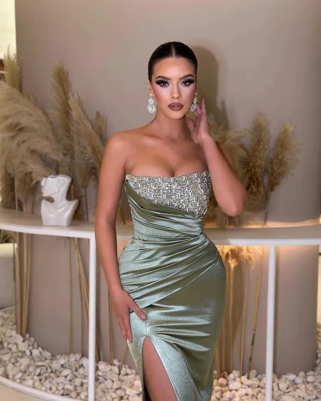 Elegant Green Prom Dresses Strapless Party Evening Dress Pleats Thigh Slit Formal Long Special Ocn Dress