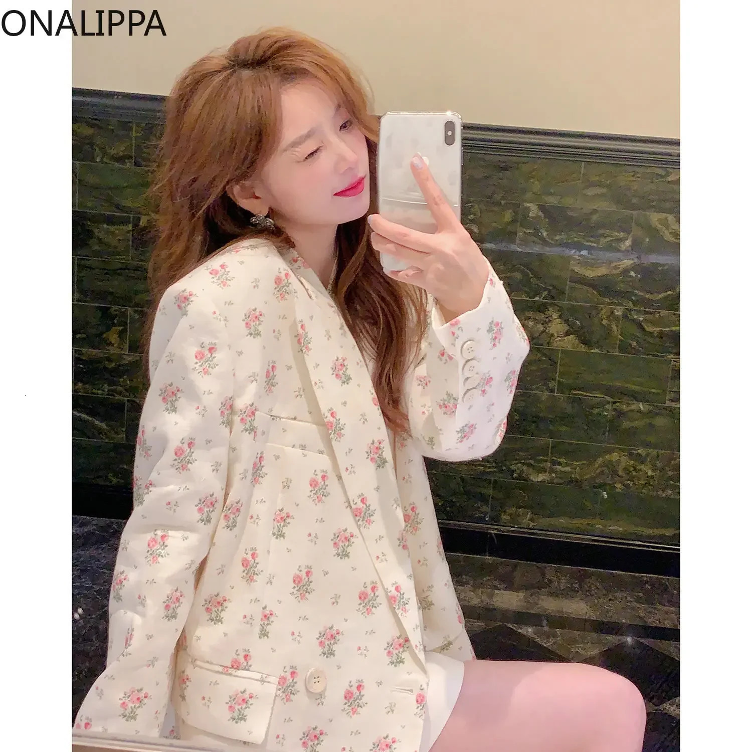 Onalippa Pink Floral Notched Blazer Women Shoulder Pad Single Breasted Women Clothing Korean Sweet Chic Loose Long Sleeves Coats 240228