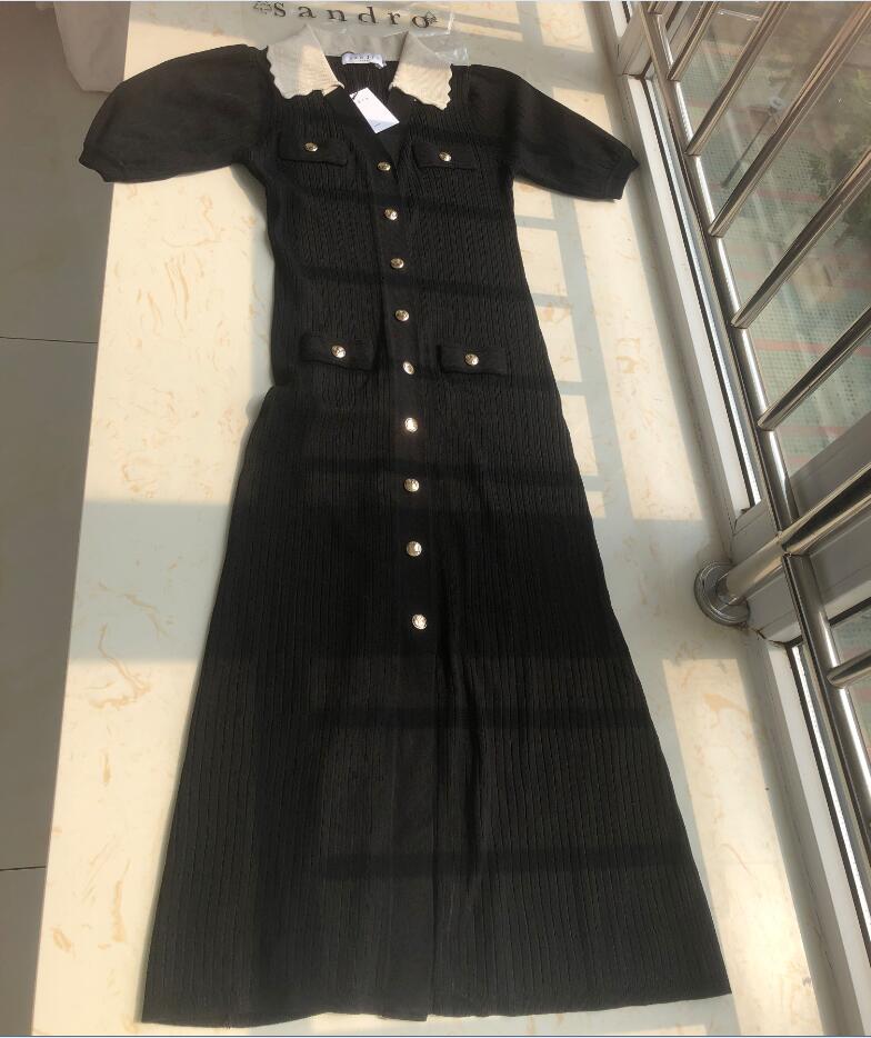 2024 Early Autumn New San ro Lace Contrast Short sleeved Dress Knitted Dress