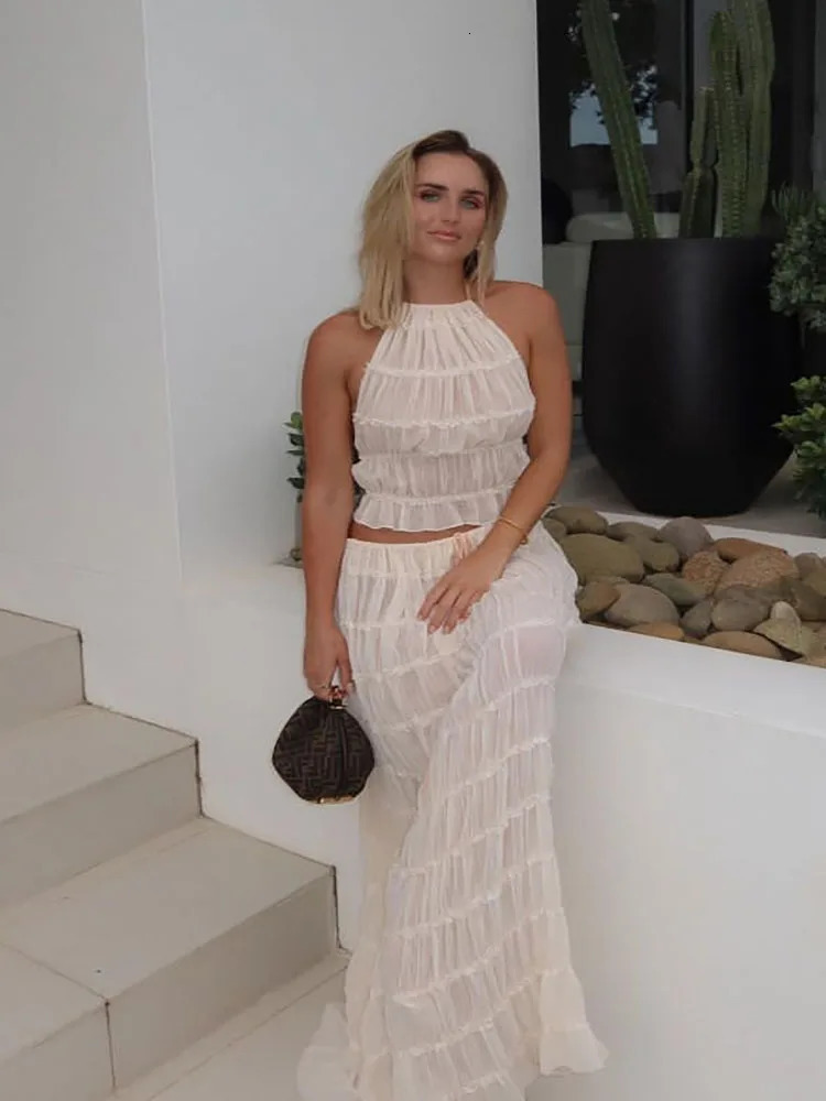 Women Two Piece Set Soild Hang Neck Backless Cropped Halter Tops Spring Summer Long Skirt Suit Lace Up Fold Night Club Outfits 240229