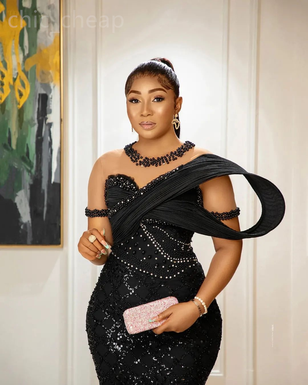 2024 Aso Ebi Black Mermaid Prom Dress Beaded Sheer Neck Evening Formal Party Second Reception 50th Birthday Engagement Gowns Dresses Robe De Soiree ZJ