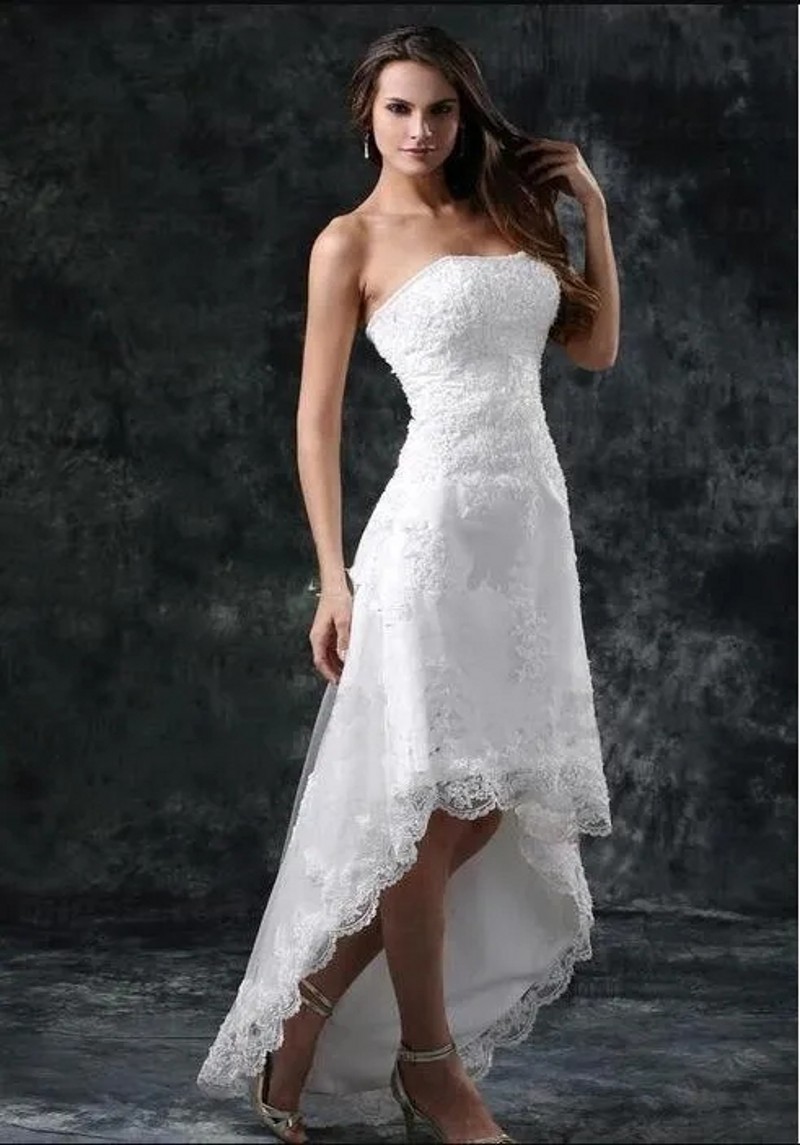 2024 High Low Wedding Party Dress Strapless Appliques Lace Little White Ivory Lace Up Back Beach Bride Gowns Vestidos De Novias Robe De Mariage