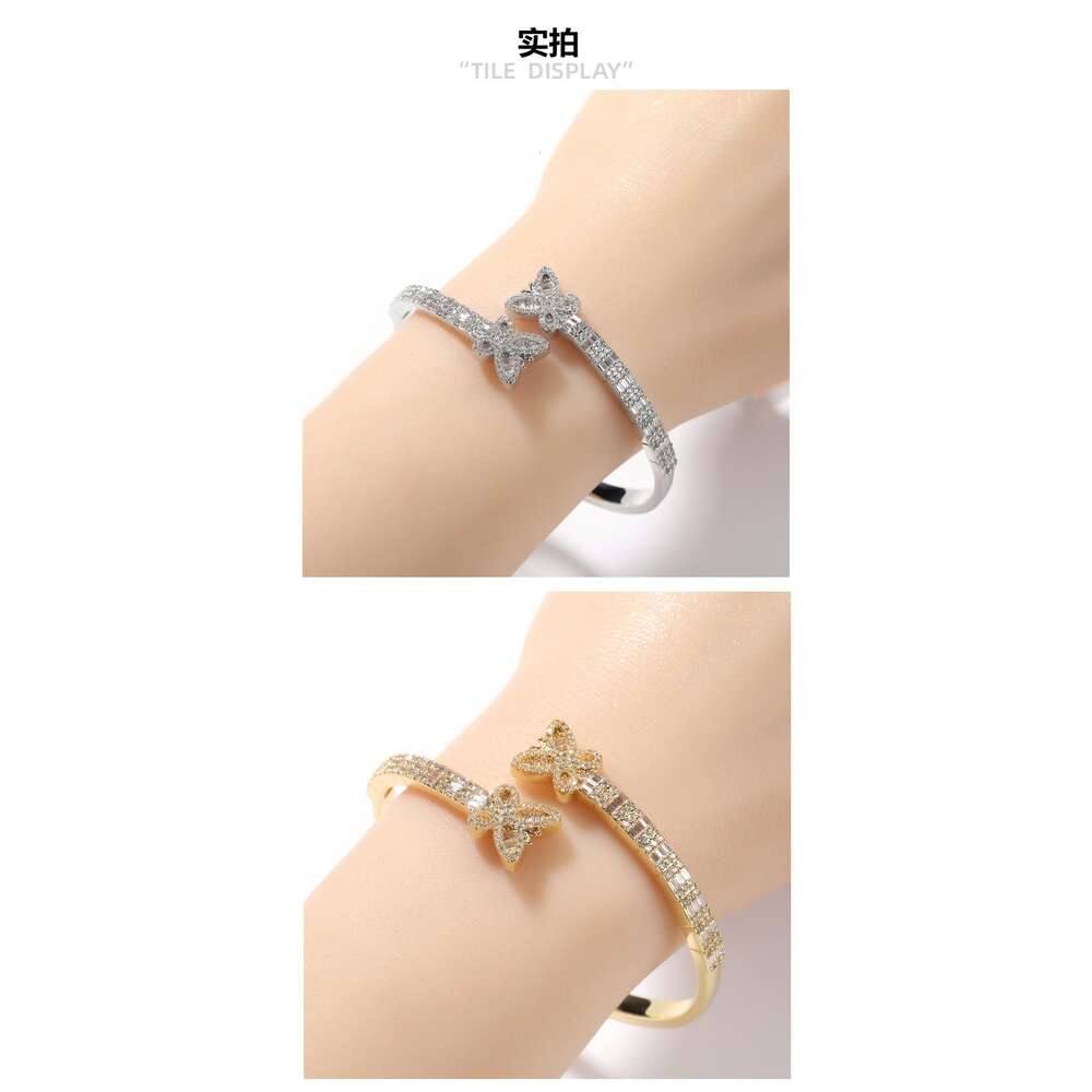 Aesthetic Street Gold Butterfly Bangle Bracelet Open Cuff For Women Hip Hop Copper Prong Iced Out Cubic Zirconia Full Bling Diamond Rapper Cz Stone Je