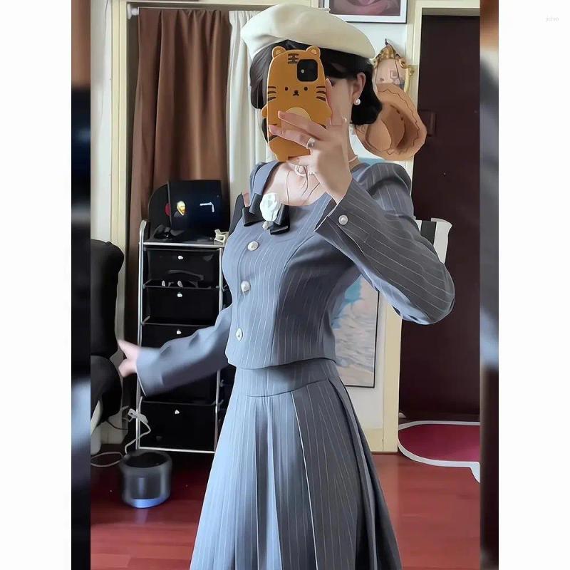 Work Dresses French Retro Preppy Suit Lady Fall Striped Long-sleeved Jacket High-waisted Skirt Two-piece Set 2 Piece Sets Womens Outfits