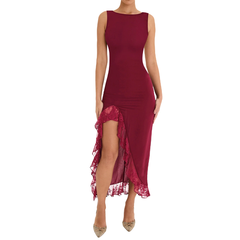 Casual Dresses Women Elegant Ruffle Hem Mermaid Mesh Dress Sleeveless Backless Bodycon Pleated Midi Evening Party