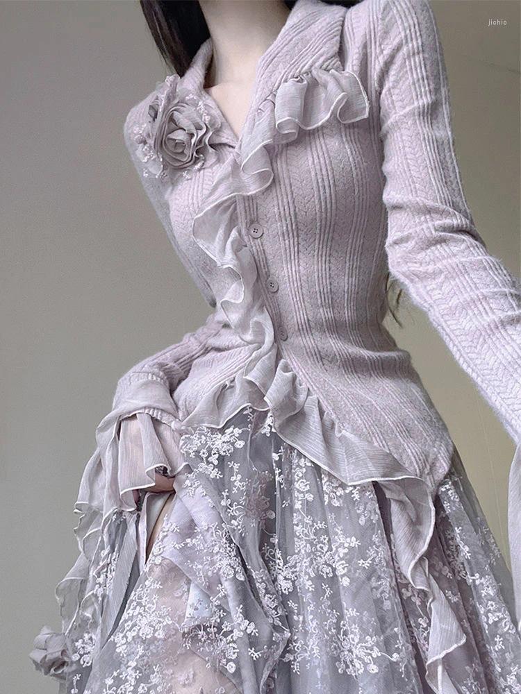 Work Dresses Vintage Two Pieces Sets Women Ruched Purple Sweet Elegant Skirts Suits Female Retro Floral Blouse Korean Ruffles Midi