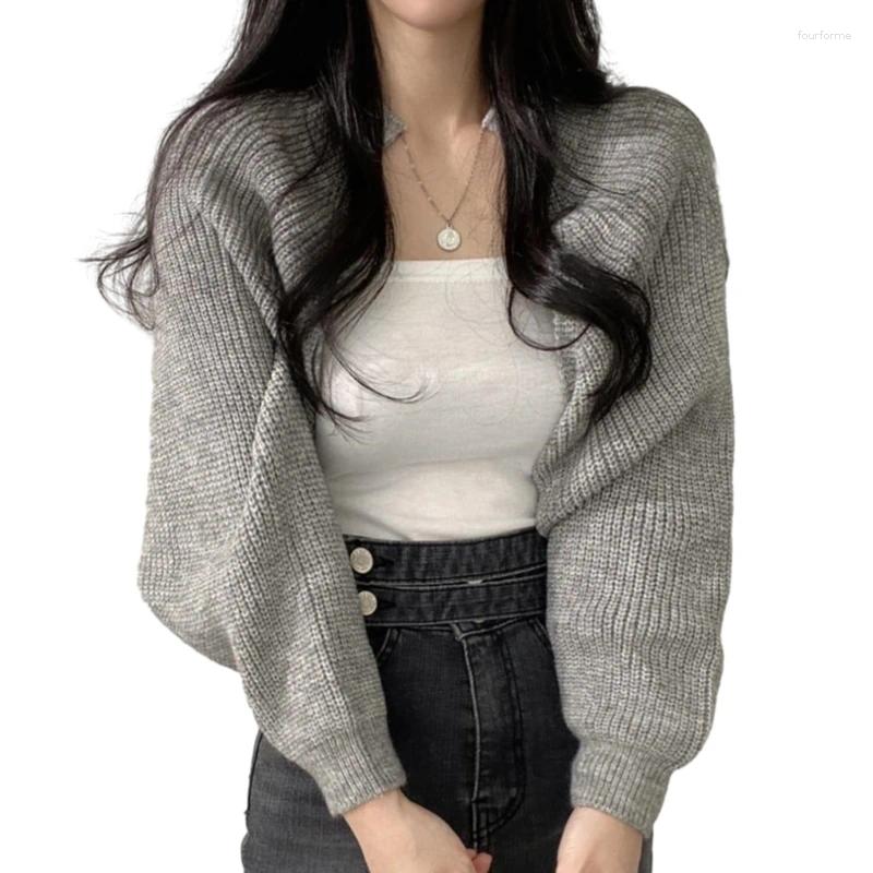 Fall Women's Open Front Shrugs: Solid Long Sleeve Lightweight Knitted Cropped Cardigans B4