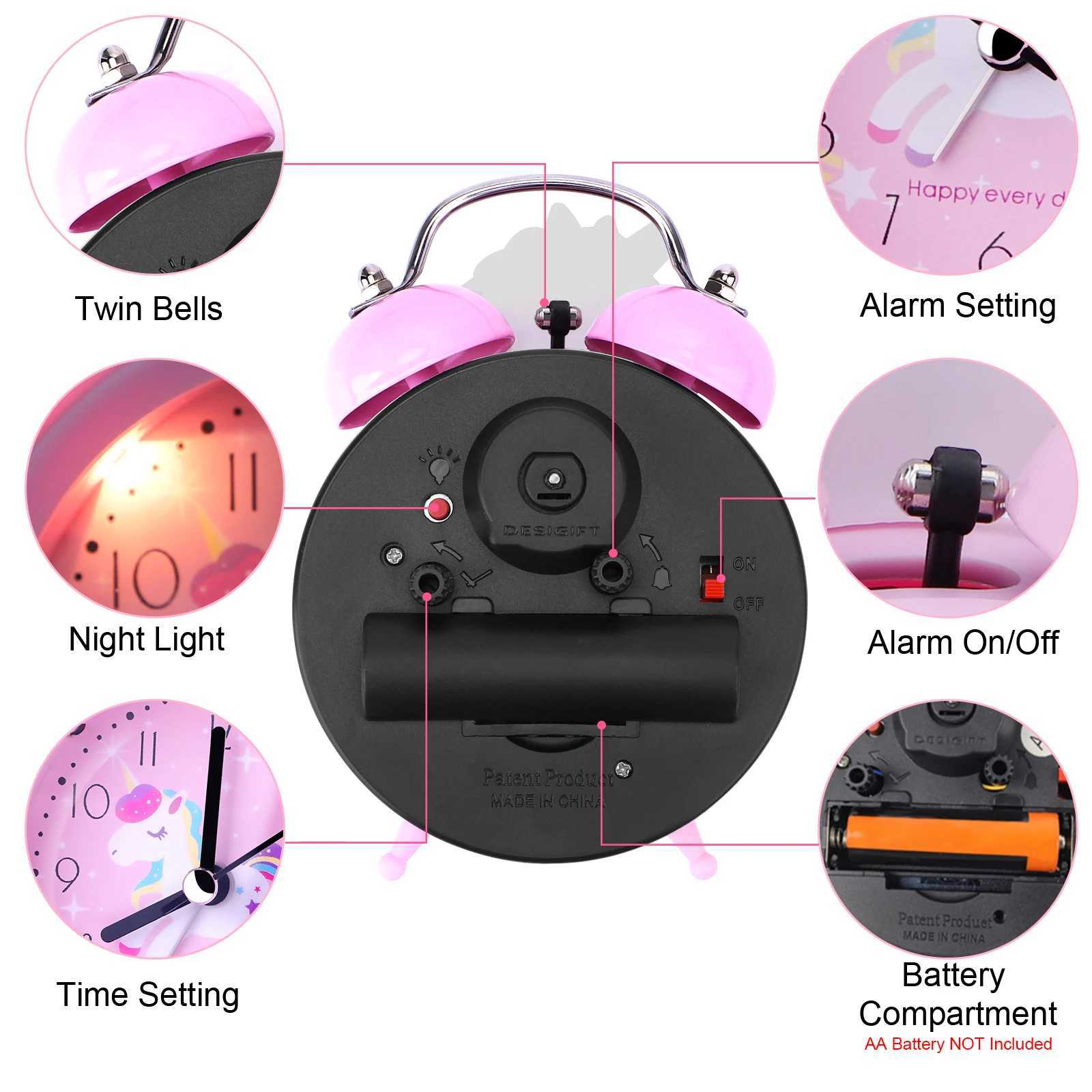 Other Clocks Accessories Pink Unicorn Kids Alarm Clock Double Bell Clock with Backlight Cute Desk Clock Home Decoration Kid Gifts reveil enfantL2403