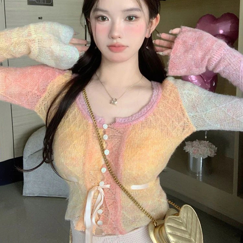 Long Sleeve Rainbow Crop Tops Women Sexy Spice Girls Button Lace-Up Knitted Cardigan Woman Korean Slim Short Sweater 240227