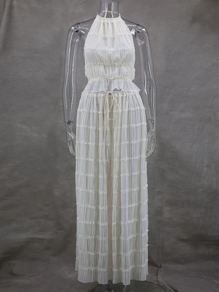 Women Two Piece Set Soild Hang Neck Backless Cropped Halter Tops Spring Summer Long Skirt Suit Lace Up Fold Night Club Outfits 240229