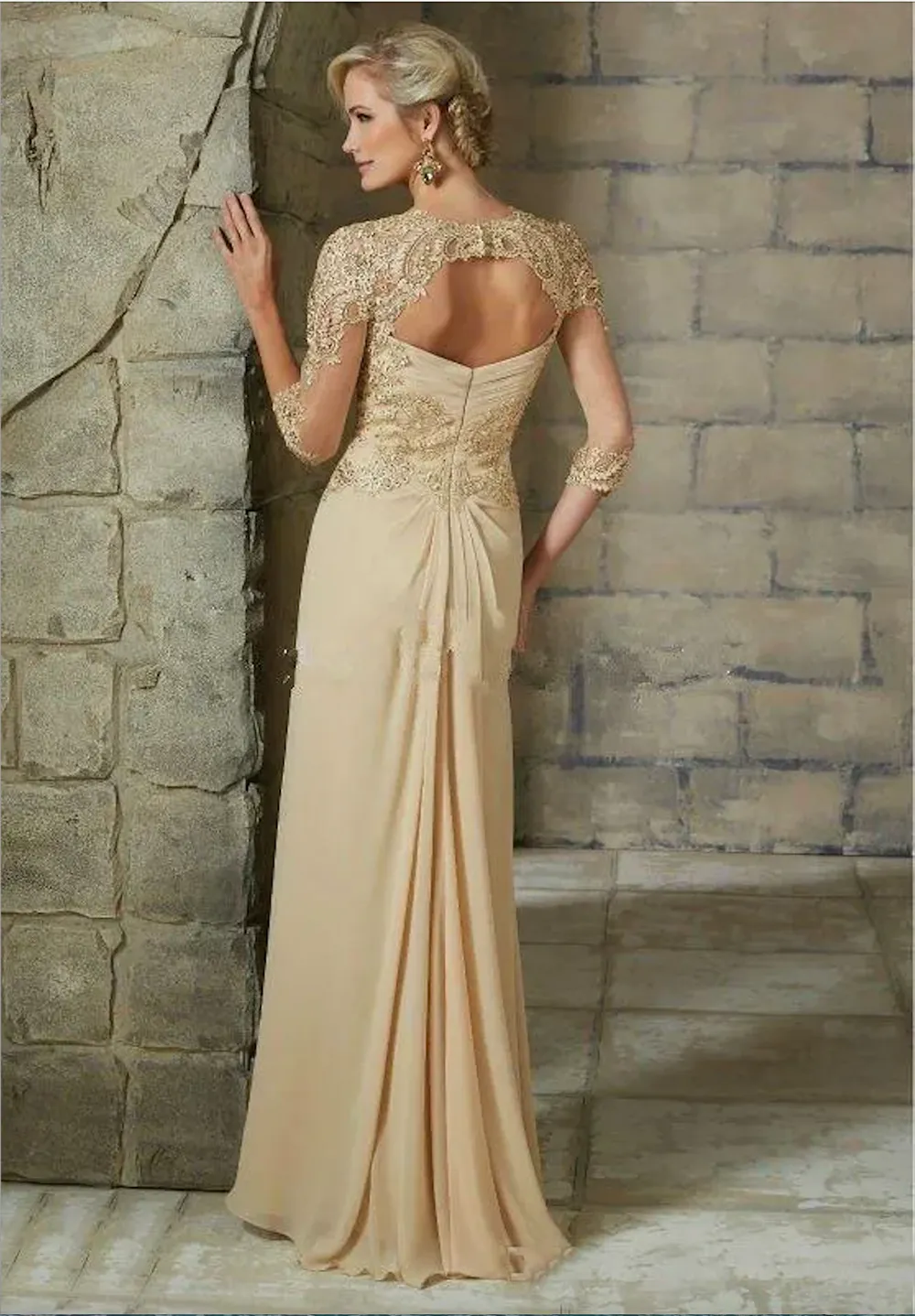 Elegant Chiffon Mother Of The Bride Dresses Long Sleeves Champagne Appliques Lace Formal Evening Gowns Plus Size Custom Made