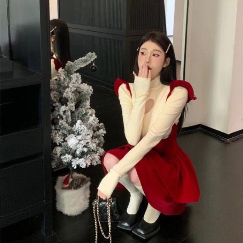 Work Dresses Spicy Girl Love T-shirt Backband Cake Skirt Two Piece Set Women Fashion Flying Sleeves Velvet Hollow High Neck Solid Slim Suit