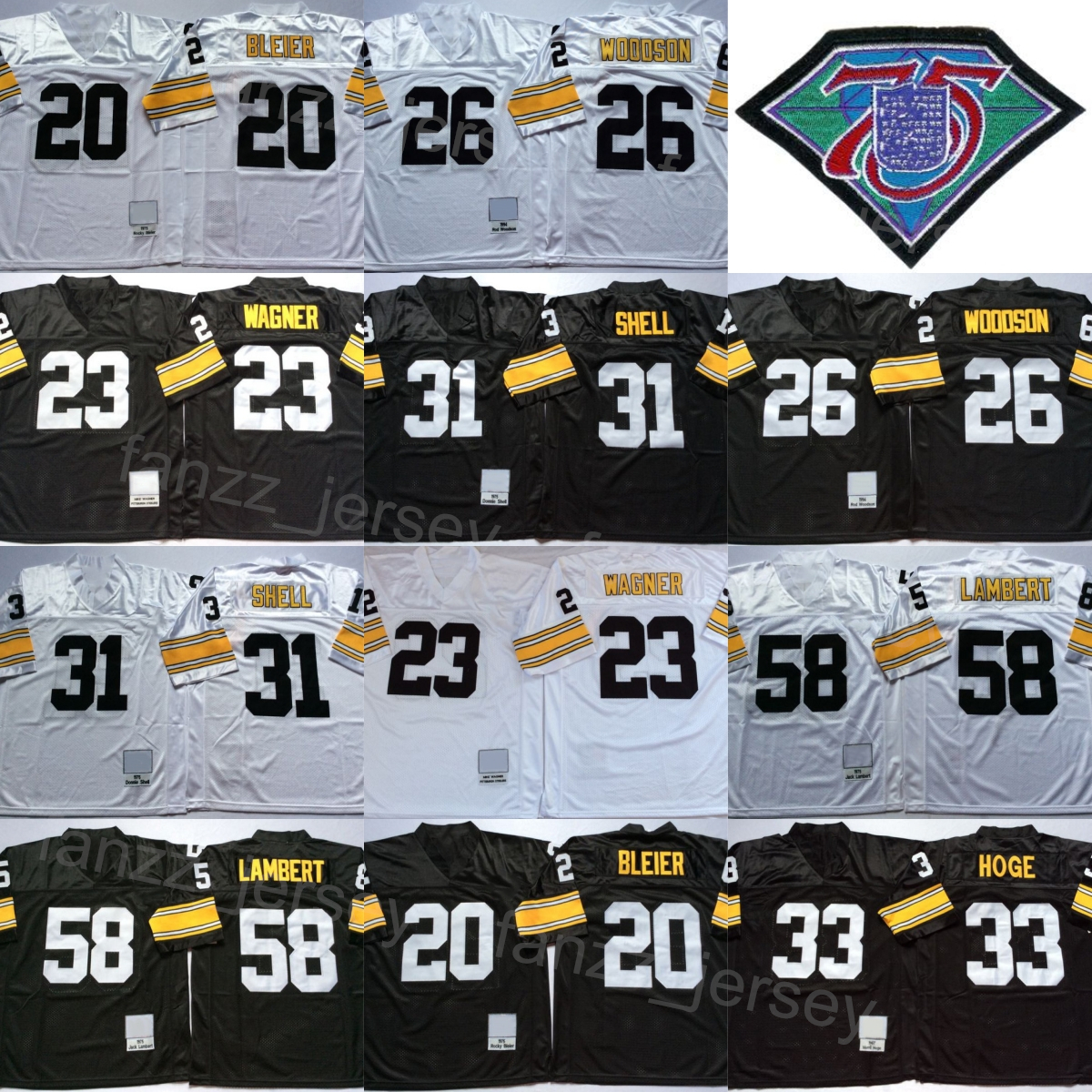 Vintage Football 23 Mike Wagner Jerseys 33 Merril Hoge 20 Rocky Bleier 58 Jack Lambert 31 Donnie Shell 26 Rod Woodson 1967 1975 1994 Retro 75Th Anni-image