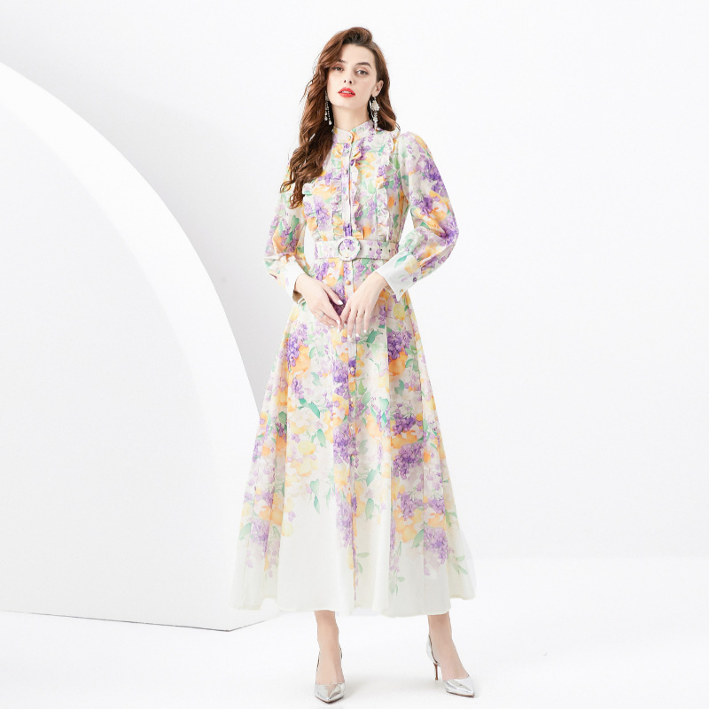 Fancy Front Retro Painted Maxi Shirt Dress Women Stand Collar Buttons Cardigan Swing Dresses Long Sleeve Ladies Elegant Printed Office Casual Party Ro