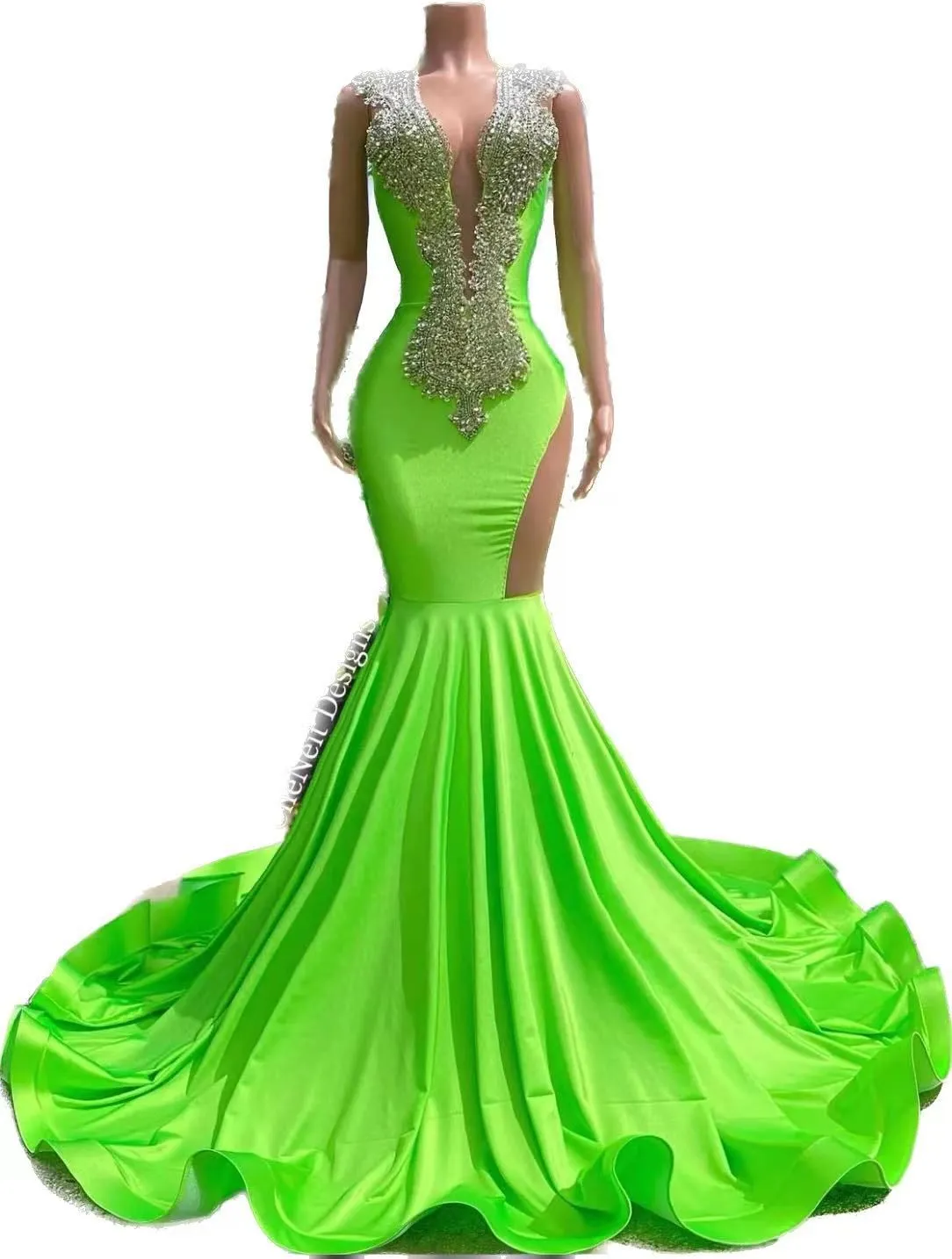 Prom Dree Green Orange Mermaid African Deep V Neck Crytal Ead Lack Girl Long Graduation Dre Plu Size Formal Evening Gown Open Ack Sleevele