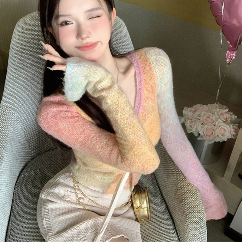 Long Sleeve Rainbow Crop Tops Women Sexy Spice Girls Button Lace-Up Knitted Cardigan Woman Korean Slim Short Sweater 240227
