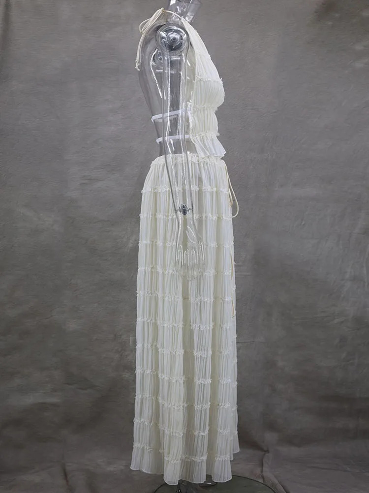 Women Two Piece Set Soild Hang Neck Backless Cropped Halter Tops Spring Summer Long Skirt Suit Lace Up Fold Night Club Outfits 240229