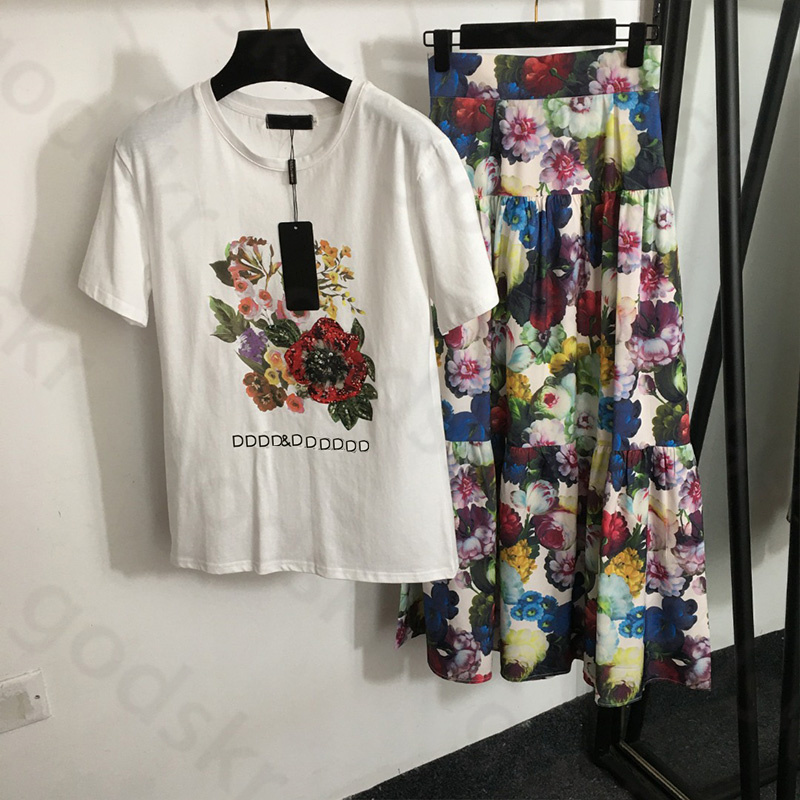 Sequins Beads Shirt Skirt Women Casual Loose Sweatshirt Fashion Printed High Waisted Half Skirt T Shirt 2 Piece Set