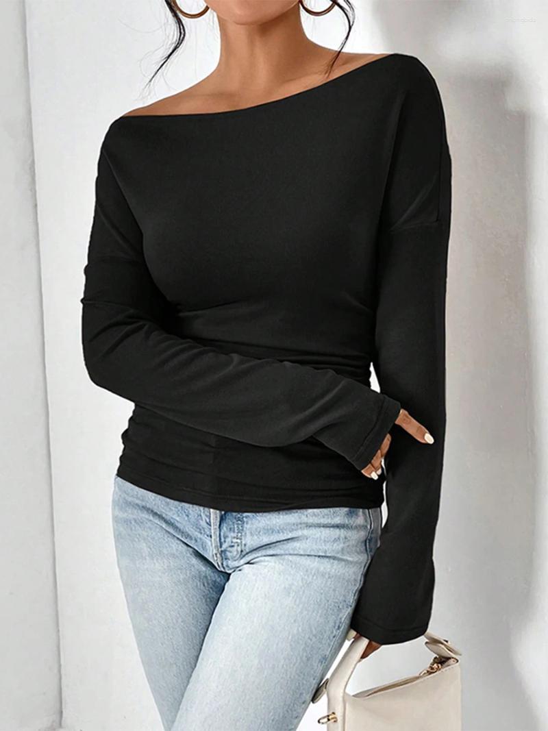 Women's T Shirts Women T-shirt Long Sleeve Off-shoulder Tops Solid Slim Fit Fall Ladies Clubwear