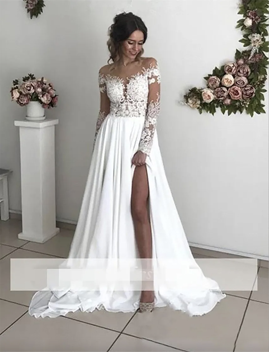 Exquisite Lace Chiffon A-e Wedding Dresses 2024 Sheer Neck Long Sleeves Side Split Sweep Train Back Cover Buttons Country Bridal Gowns