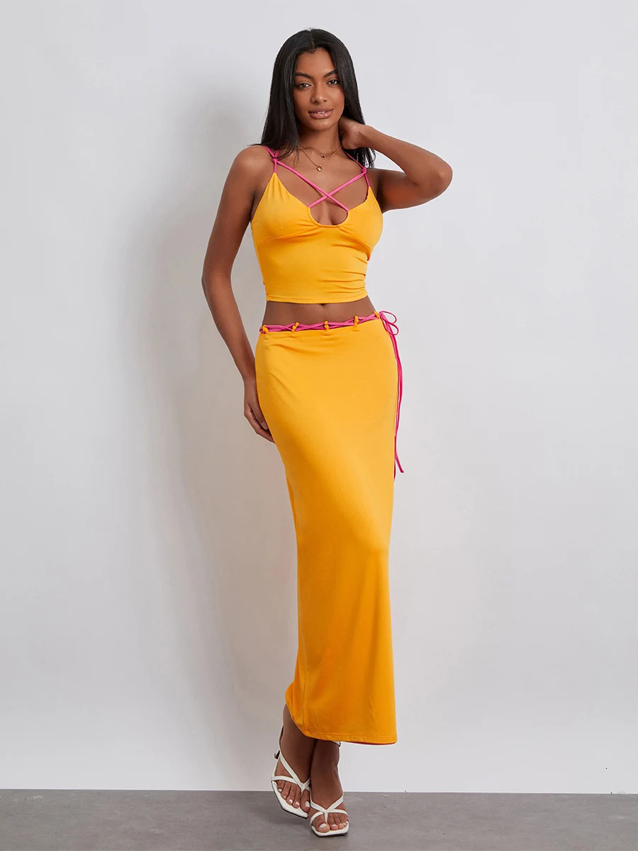 Womens Two Piece Summer Outfits Sleeveless Spaghetti Strap Halter Tops and Long Skirt Set Beachwear 240315Z