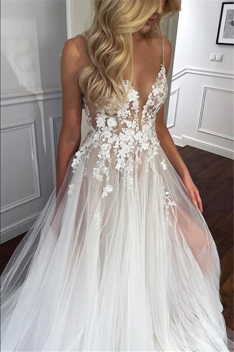 2024 Sexy Boho A Line Wedding Dresses Spaghetti Straps Tulle Lace Appliques Sheer Side Split Bridal Gowns wedding dress Sweep Train 0513