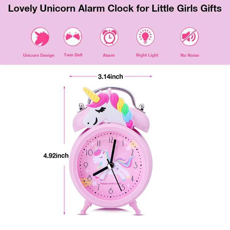 Other Clocks Accessories Pink Unicorn Kids Alarm Clock Double Bell Clock with Backlight Cute Desk Clock Home Decoration Kid Gifts reveil enfantL2403