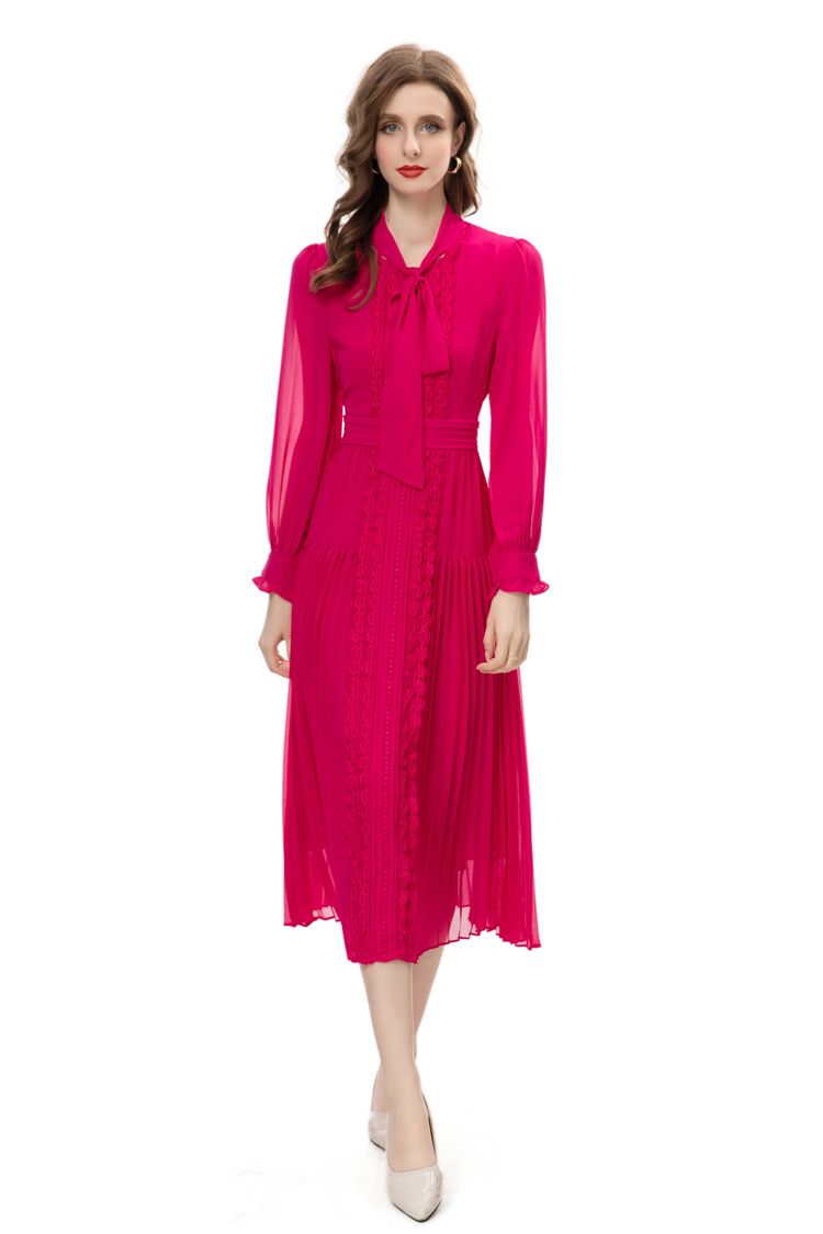 Women's Runway Dresses Bow Collar Long Sleeves Embroidery Lace Patchwork Pleated Elegant Mid Vestidos